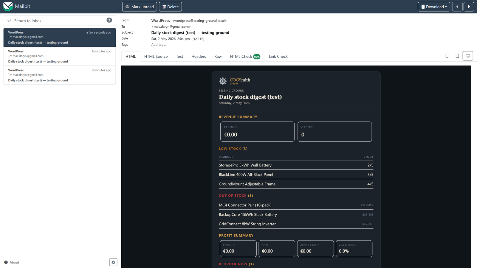 HTML email digest with revenue and stock sections