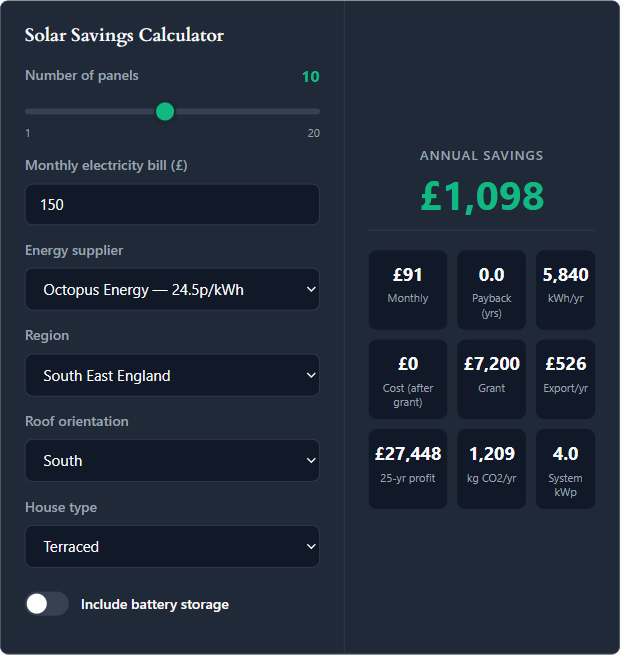 Calculator with panel slider, bill input, supplier dropdown, and 9-tile results grid in pounds