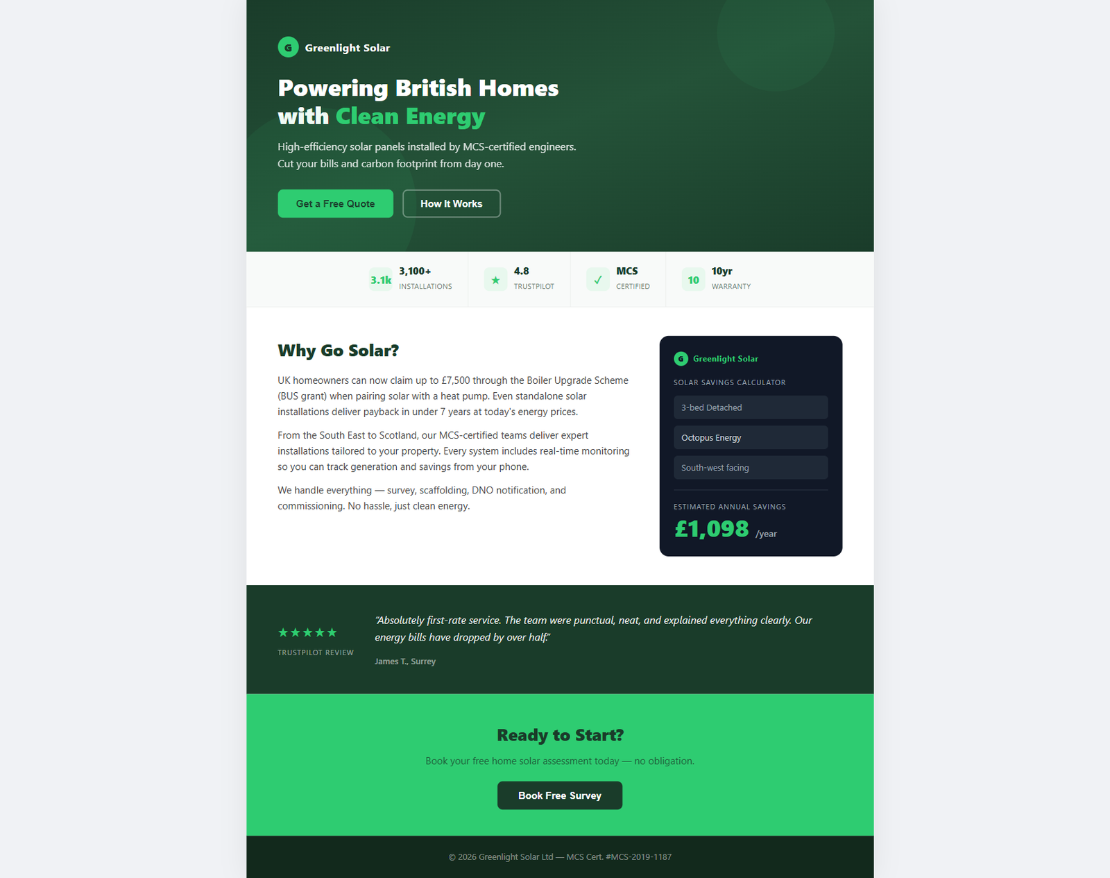 Demo solar installer website with Cogsmith Solar UK compact calculator showing annual savings of £1,300