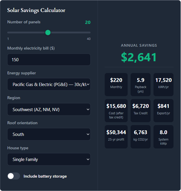 Calculator with panel slider, bill input, utility dropdown, and 9-tile results grid in dollars