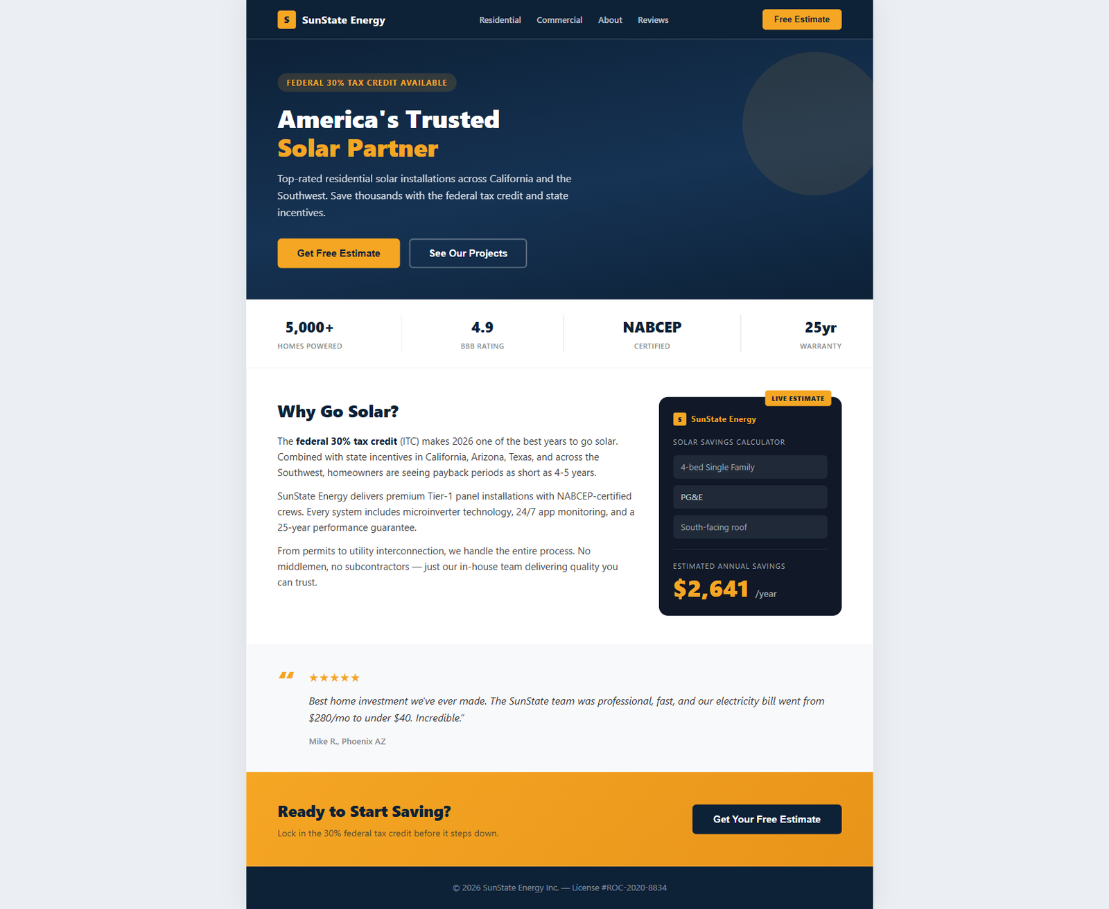 Demo solar installer website with Cogsmith Solar US compact calculator showing annual savings of $2,400