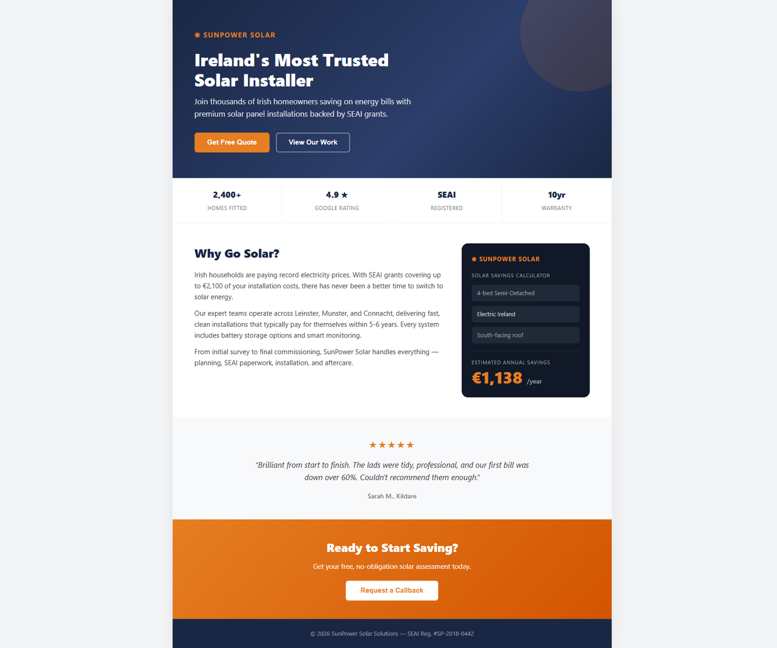 Demo solar installer website with Cogsmith Solar compact calculator embedded in the sidebar showing annual savings of €1,138