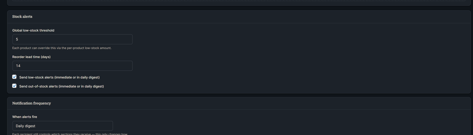Settings page showing Stock alerts configuration with low-stock threshold, reorder lead time, and notification frequency