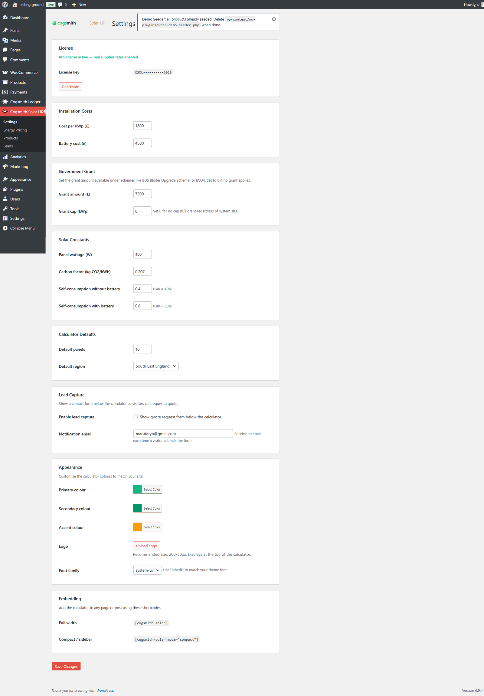 Settings page showing costs, grants, constants, defaults, and appearance options in pounds