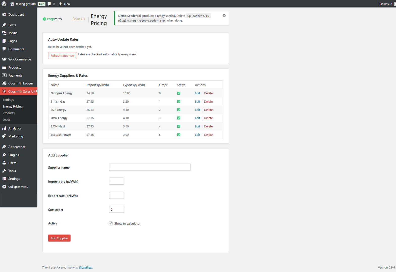 Energy pricing admin showing Octopus, British Gas, EDF, OVO, E.ON, Scottish Power