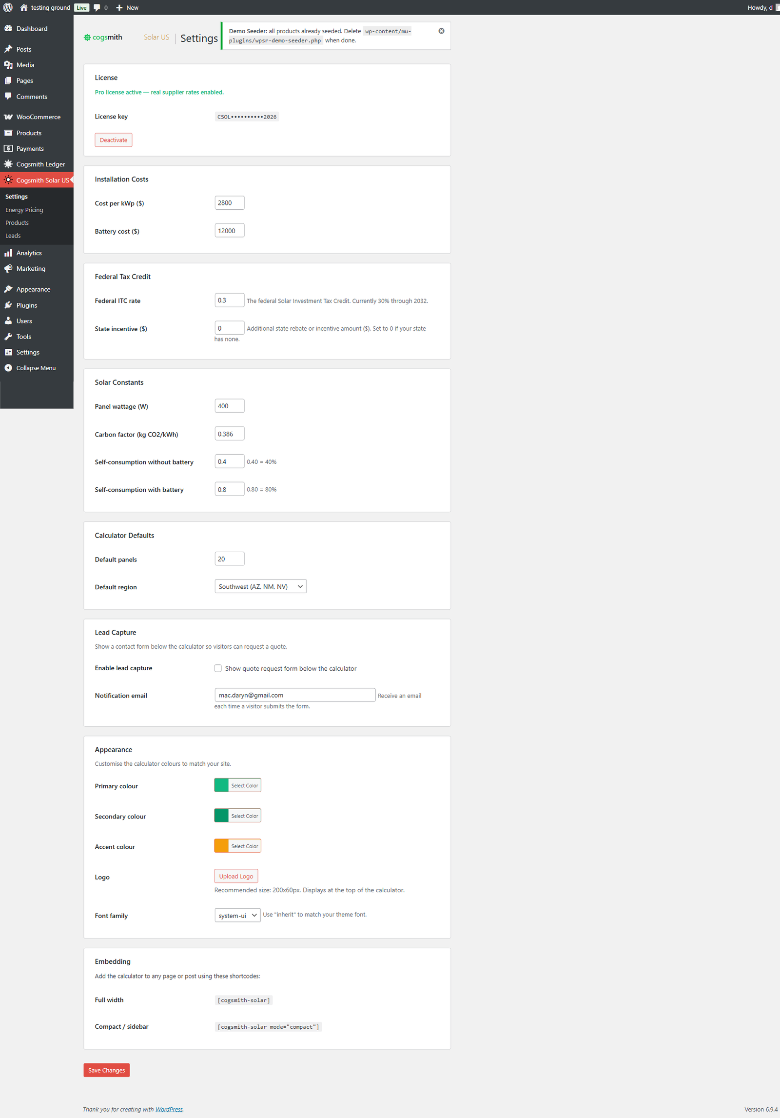 Settings page showing costs, tax credits, constants, defaults, and appearance options in dollars