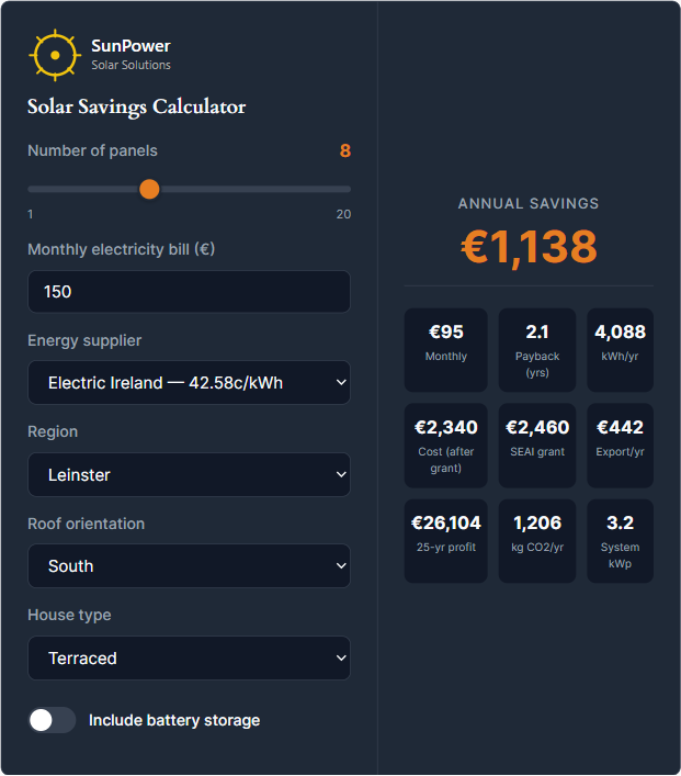 Solar calculator with branded colours and live savings results