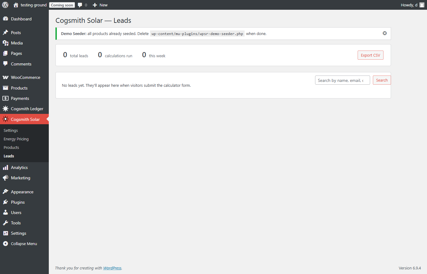 Leads page with counters and CSV export
