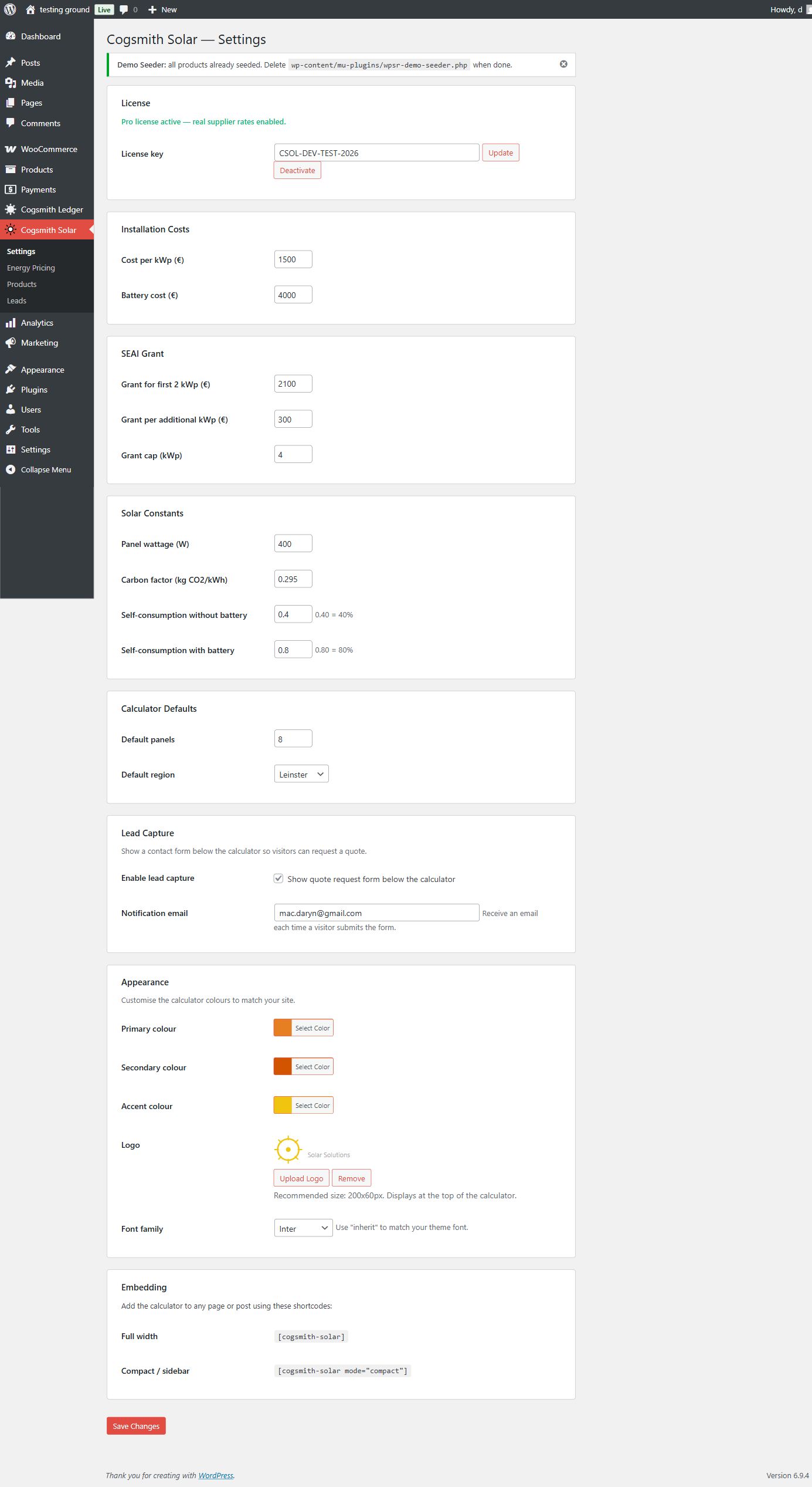 Settings page with costs, grants, colours, and logo