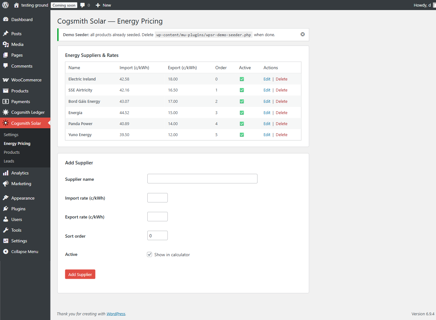 Energy pricing admin with six Irish suppliers and import/export rates